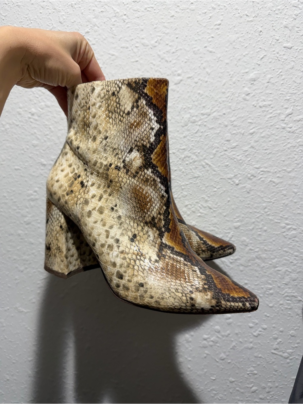 Charles Snake Print Pointed Toe Block Heel Ankle Boots - Tan/Beige